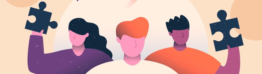 Ilustração de três pessoas segurando peças de quebra-cabeça, simbolizando união, cooperação e o papel de cada indivíduo na construção de soluções em equipe.