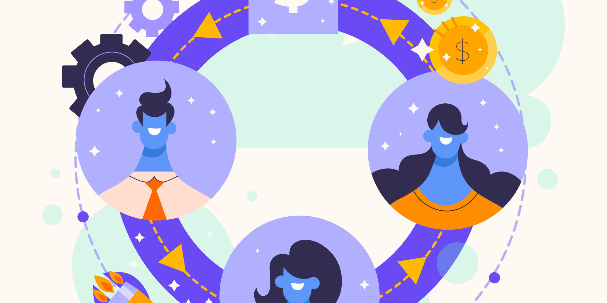 Ilustração colorida de três pessoas conectadas em um ciclo circular com setas, representando colaboração, apoio mútuo e crescimento conjunto. Ícones de moedas, engrenagens e quebra-cabeça simbolizam união, construção coletiva e prosperidade compartilhada.