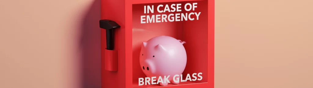 Cofrinho rosa em formato de porquinho dentro de uma caixa vermelha de emergência com a frase "IN CASE OF EMERGENCY BREAK GLASS" ("Em caso de emergência, quebre o vidro"); ao lado, há um pequeno martelo preto preso à caixa.