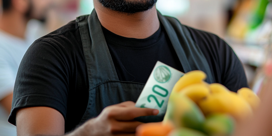 Comerciante sorridente recebendo pagamento com cédula de 20 Caianas em feira local, representando o uso de moeda social no comércio comunitário.