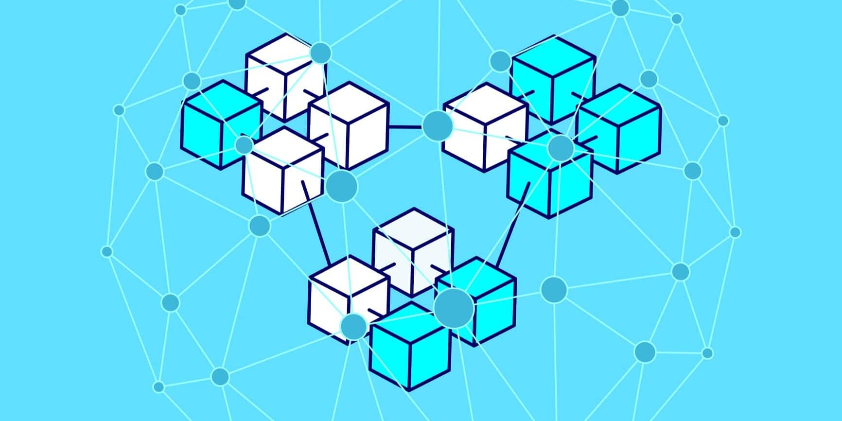 Ilustração conceitual de uma rede blockchain, mostrando blocos conectados entre si por linhas em um sistema descentralizado sobre fundo azul.