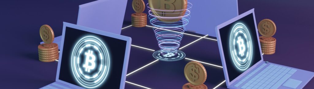 Ilustração 3D de laptops conectados em rede realizando transações com criptomoedas, simbolizando o uso da tecnologia blockchain e Bitcoin no setor financeiro digital.