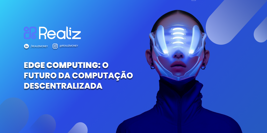 Mulher com visual futurista usando máscara tecnológica iluminada em tons de azul, representando o conceito de Edge Computing e computação descentralizada.