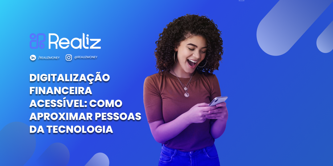 Mulher jovem sorrindo enquanto usa o celular, representando inclusão digital e acesso à tecnologia financeira, em arte visual da Realiz para o tema digitalização financeira acessível.